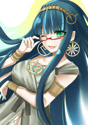  armlet bracelet breasts cleavage cleopatra_(fate) cleopatra_(third_ascension)_(fate) collarbone commentary_request dress earrings fate/grand_order fate_(series) female glasses green_eyes green_hair grey_dress hairband highres hoop_earrings jewelry liu_liu long_hair medium_breasts necklace one_eye_closed open_mouth ring simple_background sleeveless sleeveless_dress solo very_long_hair 