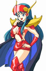  1990s_(style) armor bad_id bad_pixiv_id blue_eyes blue_hair breasts cape cleavage dark_blue_hair female genji_tsuushin_agedama hair_tubes hand_on_own_hip kuki_rei long_hair medium_breasts microskirt midriff mitake830 navel pauldrons red_thighhighs retro_artstyle revealing_clothes shoulder_armor sidelocks skirt smile solo thighhighs visor_(armor) white_background wrist_cuffs zettai_ryouiki 