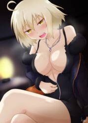  ahoge black_dress blonde_hair blush breasts center_opening coat commentary_request crossed_legs dress fate/grand_order fate_(series) female full-length_zipper fur-trimmed_coat fur-trimmed_jacket fur_trim jacket jeanne_d&#039;arc_alter_(fate) jeanne_d&#039;arc_alter_(ver._shinjuku_1999)_(fate) jewelry kimukimu large_breasts looking_at_viewer necklace official_alternate_costume open_mouth short_dress solo thighs unzipped unzipping yellow_eyes zipper zipper_dress 