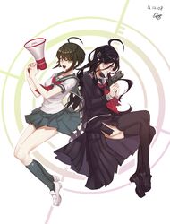  absurdres ahoge banned_artist black_hair blush braid danganronpa dated fukawa_touko full_body glasses green_eyes green_hair highres holding holding_weapon long_hair megaphone miniskirt multiple_girls naegi_komaru pleated_skirt purple_eyes school_uniform serafuku short_hair signature skirt sweat taser thighhighs weapon yurang zettai_zetsubou_shoujo 