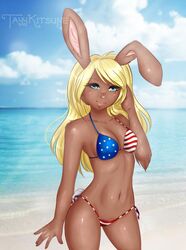  2016 american_flag american_flag_bikini animal_humanoid beach bikini blonde_hair blue_eyes blush carrot_kingdom chocolat_(carrot_kingdom) clothed clothing female flag flag_bikini flag_clothing flag_print flag_swimwear hair hi_res humanoid inner_ear_fluff lagomorph lagomorph_humanoid leporid leporid_humanoid long_hair looking_at_viewer mammal mammal_humanoid maomaogames outside portrait print_bikini print_clothing print_swimwear rabbit_humanoid seaside skimpy solo swimwear tayykitsune thong three-quarter_portrait tuft underwear united_states_of_america 