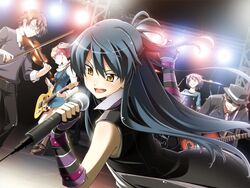  blue_hair deardrops gloves kaguya_riho microphone music_band singing yellow_eyes 