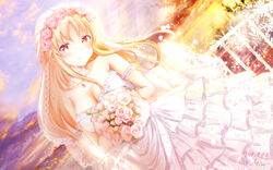  arm_strap artist_name bare_shoulders blonde_hair blurry blush bouquet breasts bridal_veil bride choker cleavage closed_mouth cloud cloudy_sky collarbone commentary_request dated depth_of_field dress dutch_angle female flower girlfriend_(kari) glint highres holding holding_bouquet jewelry large_breasts long_hair looking_at_viewer masa_(mirage77) multicolored_sky necklace outdoors partial_commentary petals pink_flower pink_rose railing red_eyes rose sasahara_nonoka sky smile solo standing strapless strapless_dress veil wedding_dress white_choker white_dress white_flower white_rose 