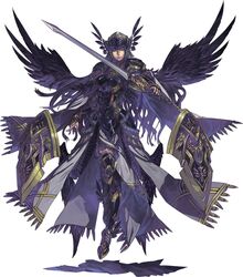  armor armored_dress black_wings boobplate breastplate cape feather_trim feathered_wings female floating gauntlets greaves helmet hrist_valkyrie left-handed long_hair looking_at_viewer official_art ornate_armor red_eyes shield solo sword valkyrie_anatomia valkyrie_profile_(series) weapon wings 