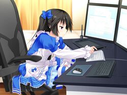  black_hair blue_bow bow chair computer female female frilled_skirt frilled_sleeves frills game_cg hairbow half-closed_eyes keyboard long_hair long_sleeves luna_lia mecha_con! purple_eyes sitting skirt solo twintails yatake_tsubaki 