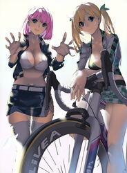  2girls :d bicycle blonde_hair blue_eyes breasts cleavage commentary green_eyes guratan jacket multiple_girls open_mouth original photoshop_(medium) pink_hair race_queen short_hair skirt smile thighhighs twintails 