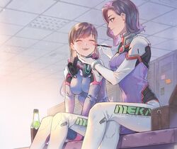  2girls applying_makeup bad_id bad_twitter_id bench blush bodysuit bottle breasts brown_hair closed_eyes commentary crossed_legs d.mon_(overwatch) d.va_(overwatch) earrings facepaint hand_on_another&#039;s_chin happy headphones jewelry lino_chang locker locker_room long_hair looking_at_another makeup marker medium_breasts meka_(overwatch) multiple_girls overwatch overwatch_1 plugsuit purple_hair short_hair sitting smile soda soda_bottle 