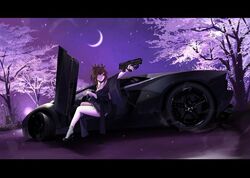  brown_hair bullpup car cherry_blossoms crescent female furisode gun japanese_clothes jewelry kimono lamborghini lamborghini_aventador magpul_pdr moon motor_vehicle necklace obi submachine_gun terabyte_(rook777) twintails vehicle weapon 