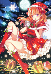  boots bow box christmas commentary_request female finger_to_mouth frills full_moon fur_boots gekkan_shoujo_nozaki-kun gift gift_box gloves hairbow hat highres long_hair looking_at_viewer moon orange_hair photoshop_(medium) purple_eyes red_footwear red_gloves sack sakura_chiyo santa_boots santa_costume santa_hat smile snowflakes solo sparkle zonana 