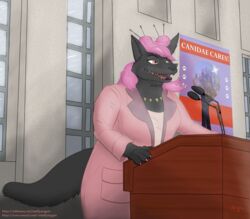  2016 accessory anthro aurelina_canidae canid canine canis claws clothed clothing disney fan_character fangs female fur hair hair_accessory hairpin hi_res mammal oneflymagpie painted_claws pink_hair red_eyes slightly_chubby smile solo standing teeth text url wolf zootopia 