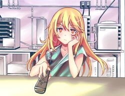  +_+ blonde_hair brown_eyes female fuyukawa_motoi hospital_gown long_hair remote_control shokuhou_misaki solo_focus 