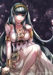  armlet bad_id bad_pixiv_id bracelet breasts bubble choker cleopatra_(fate) cleopatra_(third_ascension)_(fate) closed_mouth collarbone dress earrings eyeliner fate/grand_order fate_(series) feet_out_of_frame female fingernails green_eyes green_hair hairband highres hoop_earrings jewelry legs long_dress long_hair looking_at_viewer makeup medium_breasts necklace noppyokko ring sitting sleeveless sleeveless_dress smile solo thumb_ring twitter_username very_long_hair white_choker white_dress 