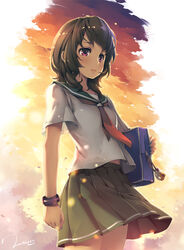  bag bracelet brown_hair commentary_request female fingernails jewelry lips lvans midriff nail_polish nanasaki_aki original outdoors photoshop_(medium) pleated_skirt purple_eyes school_uniform serafuku shoulder_bag skirt sky solo standing tareme wind 