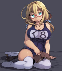  ahoge aqua_eyes arm_support bad_hands blonde_hair book breasts commentary_request covered_navel female full_body glasses hat highres i-8_(kancolle) kantai_collection kawacchi_hirohiro large_breasts long_hair no_shoes one-piece_swimsuit peaked_cap red-framed_eyewear school_swimsuit sitting solo swimsuit thighhighs unworn_hat unworn_headwear white_thighhighs yokozuwari 