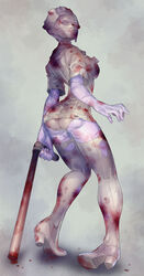  ass bandaged_face blood blood_stain bloody_weapon bruise bubble_head_nurse creepy crooked_legs female fengmo injury looking_back monster_girl nurse nurse_cap pale_skin panties pipe silent_hill solo thigh_boots thighhighs torn_clothes underwear weapon 