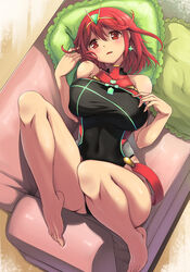  ass_visible_through_thighs bad_id bad_pixiv_id barefoot breasts commentary_request covered_navel earrings eyelashes feet female from_above jewelry large_breasts light_blush looking_at_viewer lying on_back one-piece_swimsuit open_mouth photoshop_(medium) pillow pyra_(pro_swimmer)_(xenoblade) pyra_(xenoblade) red_eyes red_hair short_hair sleeveless solo swimsuit tiara xenoblade_chronicles_(series) xenoblade_chronicles_2 yuu_(kfc) 