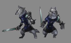  2017 5:3 anthro armello armor belt black_nose bracers buckler canid canine canis clothed clothing fur glowing grey_background grey_body grey_fur headgear helmet league_of_geeks magic_sword male mammal melee_weapon purpleground02 runes shield simple_background solo spiked_armor spikes sword thane_(armello) weapon wolf yellow_eyes 