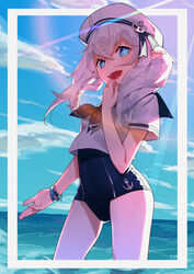  anchor bracelet braid commentary_request demon_girl elsword female hat highres jewelry luciela_r._sourcream one-piece_swimsuit outdoors photoshop_(medium) pointy_ears school_swimsuit smile star-shaped_pupils star_(symbol) sunlight swimsuit swimsuit_under_clothes symbol-shaped_pupils twintails water yoni_(zhang) 