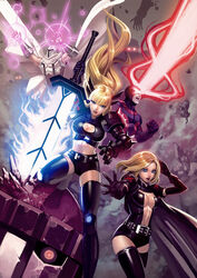  2girls alternate_costume blonde_hair breasts cleavage cyclops_(x-men) emma_frost eye_beam glowing glowing_eyes glowing_weapon illyana_rasputin magik magneto marvel mr.bunny multiple_boys multiple_girls navel scott_summers sentinel_(x-men) stomach sword x-men 