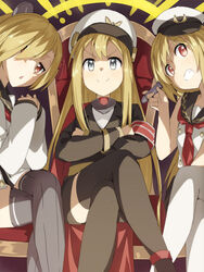  &gt;:) 3girls admiral_scheer_(warship_girls_r) arm_up armband black_jacket black_legwear blonde_hair breasts buttons cape chair closed_mouth commentary_request crossed_arms crossed_legs deutschland_(warship_girls_r) double-breasted dress flat_chest graf_spee_(warship_girls_r) grin hair_ornament hair_over_one_eye hairclip hat headgear highres holding insignia jacket long_hair long_sleeves looking_at_viewer military military_hat military_uniform multiple_girls own_hands_clasped own_hands_together peaked_cap red_cape red_eyes sailor sailor_dress shirt short_hair sitting sleeveless small_breasts smile smug swept_bangs teeth thighhighs tomato_(lsj44867) torpedo uniform v-shaped_eyebrows warship_girls_r white_hat white_legwear white_shirt zettai_ryouiki 