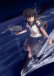  black_eyes black_hair black_socks blood blood_on_face blouse blue_skirt commentary_request damaged dyda female fubuki_(kancolle) highres injury kantai_collection kneeling machinery neckerchief night night_sky ocean pleated_skirt ponytail sailor_collar school_uniform serafuku shirt short_hair short_ponytail skirt sky socks solo torn_clothes torn_shirt wake 