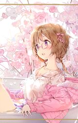  anmi bathtub blush brown_hair collarbone copyright_request female flower fur_trim glasses hair_ribbon highres hood hooded_jacket jacket long_hair low_twintails nail_polish partially_submerged pink-framed_glasses pink_nails purple_eyes ribbon school_uniform semi-rimless_glasses serafuku short_twintails solo twintails under-rim_glasses 