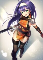  ahoge bare_shoulders belt blue_hair commentary_request detached_sleeves female fingerless_gloves fire_emblem fire_emblem:_path_of_radiance fire_emblem_heroes gloves green_eyes hairband headband jam8686 long_hair looking_at_viewer mia_(fire_emblem) open_mouth purple_hair smile solo sword thighhighs weapon white_hairband zettai_ryouiki 