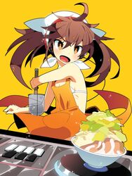  :d apron beatmania_iidx bowl bra brown_eyes brown_hair commentary_request female food long_hair looking_at_viewer mzh nearly_naked_apron noodle_strainer noodles open_mouth ramen smile solo sound_voltex strainer turntable twintails underwear white_bra yamashina_kanade yellow_background 