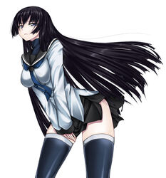  black_hair black_thighhighs blue_eyes breasts commentary_request female frown kampfer large_breasts leaning_forward long_hair looking_at_viewer neckerchief sangou_shizuku school_uniform serafuku simadu-kazuhisa simple_background skirt solo thighhighs very_long_hair white_background 