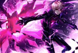  add_(elsword) bad_id bad_pixiv_id black_sclera colored_sclera crack diabolic_esper_(elsword) electricity elsword energy facial_mark gloves highres jacket jtlo123412 pointy_ears portal_(object) smile white_hair 