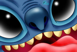  2009 alien ambiguous_gender black_eyes blue_body blue_fur blue_nose close-up digital_drawing_(artwork) digital_media_(artwork) disney experiment_(lilo_and_stitch) fur lilo_and_stitch looking_at_viewer nose_wrinkle open_mouth open_smile rcbrock signature smile solo stitch_(lilo_and_stitch) teeth 