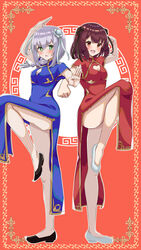  +_+ 2girls :d :o absurdres alternate_costume arm_up atelier_(series) atelier_sophie black_footwear black_ribbon blue_dress blue_eyes blush braid breasts brown_hair bun_cover china_dress chinese_clothes cleavage clenched_hand clothing_cutout commentary_request dress hair_over_shoulder hair_ribbon hand_up heart_cutout highres medium_hair multiple_girls open_mouth plachta red_background red_dress ribbon short_hair silver_hair silver_ribbon small_breasts smile sophie_neuenmuller standing standing_on_one_leg uhouhogorigori white_footwear 