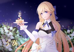  2021 :d absurdres bare_shoulders bianka_durandal_ataegina blonde_hair blue_eyes cake cake_slice dress earrings female flower food grin hair_ribbon highres holding holding_plate honkai_(series) honkai_impact_3rd jewelry jzyy299 long_sleeves looking_at_viewer nightgown open_mouth plate ribbon rose smile solo teeth white_dress white_flower white_rose white_sleeves 