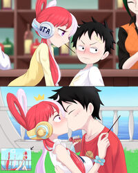  1boy 2girls absurdres age_comparison bandaged_head bandages black_hair closed_eyes dress food highres kissing long_hair makino_(one_piece) monkey_d._luffy multicolored_hair multiple_girls one_piece one_piece_film:_red pocky purple_eyes red_hair shirt short_hair split-color_hair straight two-tone_hair uta_(one_piece) white_dress white_hair white_shirt yellow_dress zerokun135 