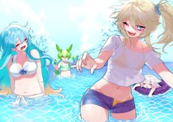  4girls :3 afloat alternate_costume amehare_hau animal_ears bikini bikini_under_clothes blonde_hair blue_eyes blue_hair blue_nails blush breasts cat_ears cat_girl cleavage closed_eyes cloud cloudy_sky coefont colored_inner_hair colored_tips commentary day denim denim_shorts dual_wielding ears_down fangs frilled_bikini_top green_bikini green_hair grin hair_ornament hair_scrunchie halterneck highres holding holding_water_gun innertube kasukabe_tsumugi large_breasts layered_bikini long_hair low_ponytail marutsubo mole mole_under_eye multicolored_hair multiple_girls navel ocean one_eye_closed open_fly open_mouth orange_hair outdoors partially_submerged pea_pod playing sayo_(voicevox) scrunchie shirt short_shorts short_sleeves shorts side_ponytail signature sky small_breasts smile spraying stomach summer swim_ring swimsuit t-shirt triangle_mouth voicevox wading water_gun wet wet_clothes wet_shirt white_shirt wince yellow_bikini yellow_eyes zundamon 