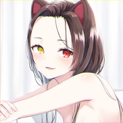  absurdres animal_ears blush breasts brown_hair chromatic_aberration commentary_request dog_ears female forehead heterochromia highres inui_toko long_hair looking_at_viewer medium_breasts nijisanji nude oerba_yun_fang out-of-frame_censoring parted_bangs parted_lips red_eyes smile solo upper_body virtual_youtuber yellow_eyes yotsugi 