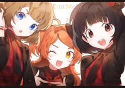  3girls :o black_hair blue_eyes bob_cut brown_eyes brown_hair close-up fingers_together flower hair_flower hair_ornament highres idolmaster idolmaster_million_live! idolmaster_million_live!_theater_days index_fingers_together looking_at_viewer medium_hair multiple_girls nakatani_iku necktie oerba_yun_fang ogami_tamaki one_eye_closed open_mouth orange_hair panprika red_flower red_rose rose short_hair smile suou_momoko tint_me_(idolmaster) two_side_up v-shaped_eyebrows yellow_eyes 