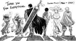  4boys 4girls absurdres armor berserk boots cape casca_(berserk) english_commentary evarella_(berserk) fairy farnese_(berserk) from_behind full_body gloves greyscale guts_(berserk) hat highres huge_weapon isidro_(berserk) miura_kentarou_(mangaka) monochrome multiple_boys multiple_girls pltnm_ghost puck_(berserk) schierke_(berserk) serpico_(berserk) short_hair simple_background staff sword traditional_media walking weapon white_background witch_hat 