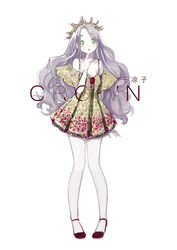  blush breasts cleavage crown dress female full_body green_eyes grey_hair hand_up lipstick long_hair makeup original pale_skin pantyhose personification senryoko simple_background small_breasts solo standing very_long_hair white_background white_pantyhose yellow_dress 