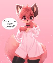  5:6 anthro blush brown_eyes canid canine clothing collar dialogue english_text femboy fluffy fluffy_tail fox fur legwear male mammal persik_(valeria_fills) solo speech_bubble tail talking_to_viewer tan_body tan_fur text thigh_highs valeria_fills 