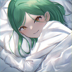  absurdres bed_sheet brown_eyes commentary_request female green_hair grin highres kitakoji_hisui long_hair long_sleeves looking_at_viewer lying nijisanji on_bed on_side parted_bangs pillow pov_across_bed sharp_teeth shirt smile solo teeth under_covers upper_body virtual_youtuber white_shirt yotsugi 