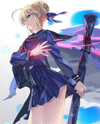  ahoge artoria_pendragon_(fate) bag blonde_hair blue_shirt blue_skirt commentary_request fate/grand_order fate_(series) female from_side green_eyes hand_tattoo holding looking_at_viewer master_artoria pleated_skirt ribbon saber_(fate) school_bag shirt short_hair skirt solo tattoo yahako 