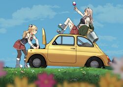  2girls alcohol annin_musou ascot backpack bad_id bad_twitter_id bag black_pantyhose blonde_hair blue_flower blush brown_hair bucket car closed_eyes commentary_request corset cup day drinking_glass drunk fiat fiat_500 flat_tire flower grass hat holding holding_cup kantai_collection long_hair long_sleeves mini_hat motor_vehicle multiple_girls open_mouth outdoors pantyhose pink_flower pleated_skirt pola_(kancolle) red_ascot red_skirt shirt skirt thighhighs vehicle_focus wavy_hair white_flower white_headwear white_legwear white_shirt wine wine_glass yellow_flower zara_(kancolle) 