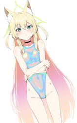  animal_ear_fluff animal_ears bare_shoulders blonde_hair blue_archive blue_one-piece_swimsuit blush breasts casual_one-piece_swimsuit choker clearite collarbone covered_navel feline female green_eyes hair_between_eyes halo highleg highleg_swimsuit iridescent kurumi_(blue_archive) long_hair looking_at_viewer one-piece_swimsuit solo swimsuit thighs two_side_up very_long_hair white_background 