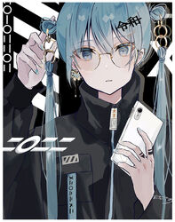  2022 aqua_nails blue_eyes blue_hair cellphone commentary ear_piercing earrings female glasses hair_between_eyes hair_bun happy_new_year highres holding holding_phone jewelry new_year original parted_lips phone piercing round_eyewear signature single_side_bun smartphone solo standing striped striped_background sutera_sea sweater translated twintails upper_body 