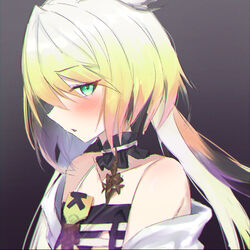  1other absurdres bare_shoulders blonde_hair blush collarbone commentary_request green_eyes hair_between_eyes highres jacket long_hair looking_at_viewer low_twintails melissa_kinrenka melissa_kinrenka_(1st_costume) nijisanji off_shoulder open_clothes open_jacket other_focus parted_lips profile solo twintails upper_body virtual_youtuber white_jacket yotsugi 