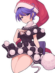  :3 absurdres black_dress closed_mouth commentary doremy_sweet dress female hat highres looking_at_viewer mugi_(mugimugi_9kv) nightcap pom_pom_(clothes) purple_eyes purple_hair red_hat short_hair simple_background smile solo tail touhou turtleneck two-tone_dress white_background white_dress 