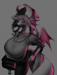  2022 anthro awr_hey beanie big_breasts breasts clothed clothing digital_drawing_(artwork) digital_media_(artwork) dragon ear_piercing female flesh_tunnel gauged_ear hair hat headgear headwear hi_res horn huge_breasts hyper hyper_breasts lagomorph looking_at_viewer mammal membrane_(anatomy) mythological_creature mythological_scalie mythology piercing scalie simple_background solo tail topwear wings zoe_(awr_hey) 