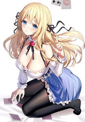  bare_shoulders bed_sheet black_pantyhose black_ribbon blonde_hair blue_eyes blue_skirt blush breasts card cleavage closed_mouth club_(shape) collarbone commentary_request female flower frilled_skirt frills full_body hair_between_eyes hair_ribbon hand_up highres joker_(playing_card) kneeling large_breasts long_hair long_sleeves looking_at_viewer no_shoes off-shoulder_shirt off_shoulder original pantyhose playing_card red_flower red_rose ribbon ririko_(zhuoyandesailaer) rose saegusa_futaba shirt skirt solo very_long_hair wavy_mouth white_background white_shirt 