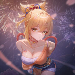  absurdres aerial_fireworks arm_tattoo bandaged_leg bandages blonde_hair breasts butterfly_choker chest_sarashi chest_tattoo choker cleavage female fireworks flower_tattoo genshin_impact hadanugi_dousa hair_between_eyes hair_ornament highres japanese_clothes juuhachi_kin_(anthonyy1821) kimono long_hair looking_at_viewer open_mouth orange_kimono ponytail red_choker rope sarashi shimenawa solo tattoo yellow_eyes yoimiya_(genshin_impact) 